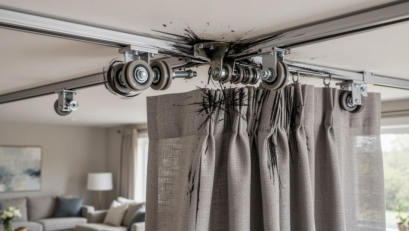 Realistic close-up of a modern ceiling-mounted curtain track malfunction with jammed sliding wheel, stuck curtain panel, friction marks, and sagging fabric in natural daylight.