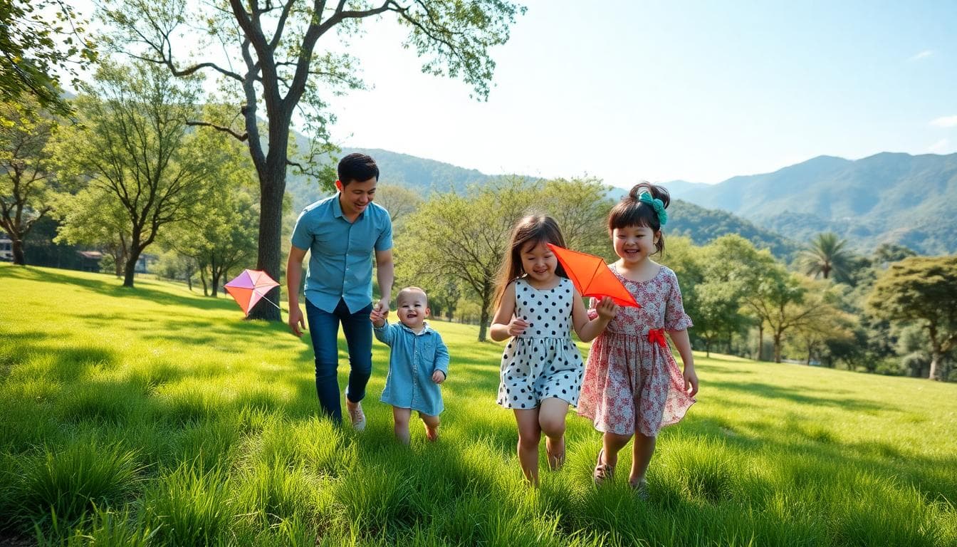 A joyful family day trip in a lush green park