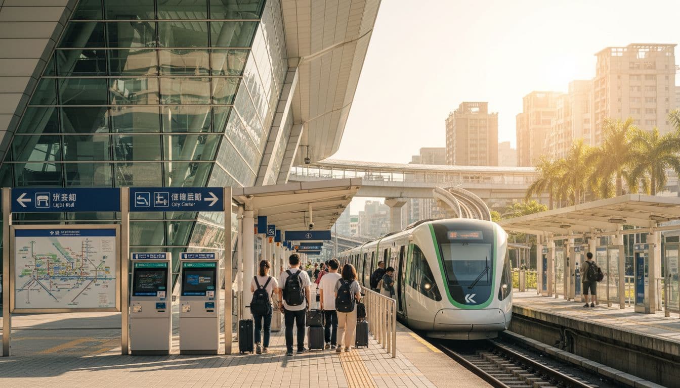A vibrant scene of Kaohsiung's high-speed rail station at Zuoying, with travelers arriving and boarding the light rail towards the city center.