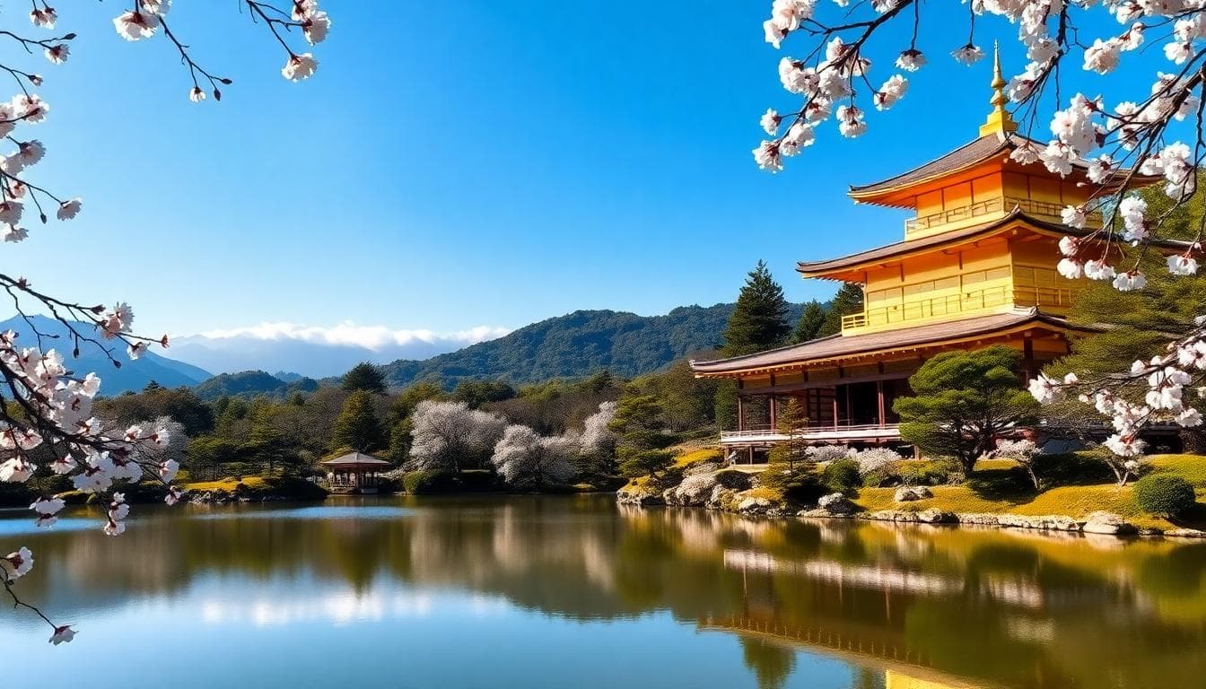 金閣寺的金色外觀在晴朗天空下反射於湖面,周圍環繞綠意庭園與飄落的櫻花,營造出平和歷史氛圍。圖片由AI生成。