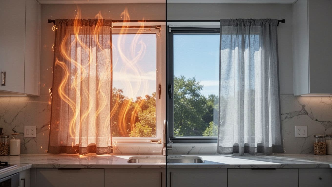 Photorealistic split-view of a modern kitchen window: left side shows loose curtain with gaps allowing warm air to rise (orange glow and wavy lines), right side perfect tight seal blocking heat on a sunny day.