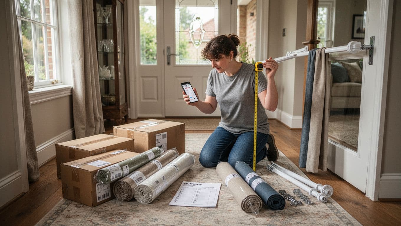 A person kneeling in a spacious home hallway under natural daylight, carefully checking curtain fabric rolls for color matching against a phone checklist while measuring a curtain rail with a tape measure, with unpacked boxes and accessories nearby.