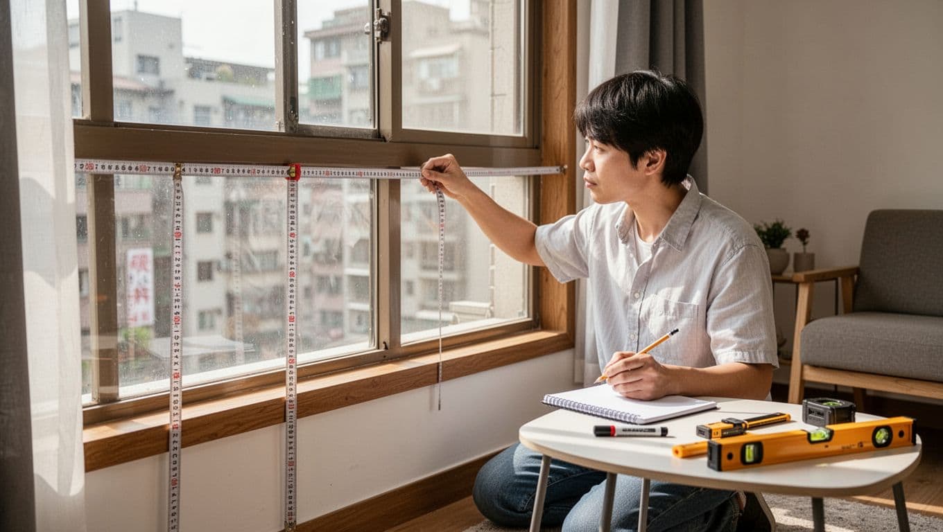 低預算訂製窗簾:遮光等級怎麼選睡得香 In a bright Taiwanese living room, one person kneels precisely measuring a large window's width with a tape measure for custom blackout curtains, notepad and tools nearby on a table.