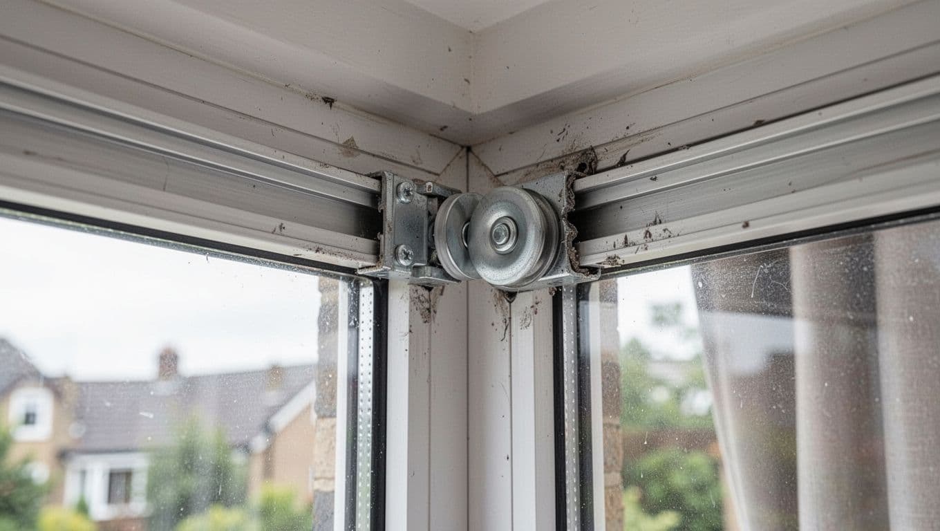 Realistic close-up view of a cheap L-shaped aluminum curtain track installed on a corner window, with pulley jammed at the bend showing uneven joint seam, burrs, and misalignment in a modern living room under soft natural light.