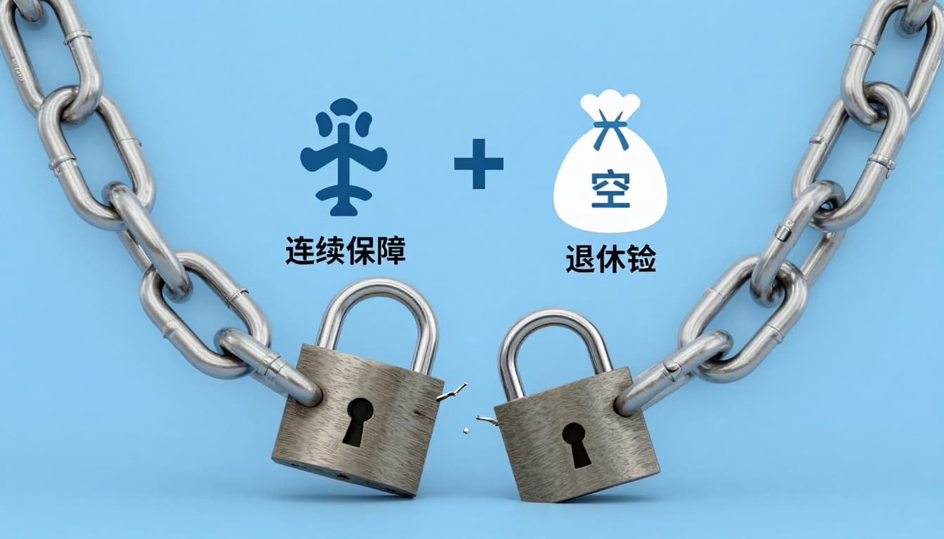 工會退保後勞保空窗怎麼補?4種可行選項完整整理 Infographic depicting the labor insurance coverage chain break concept, with a broken chain in the foreground representing the gap period and reduced benefits, contrasted by a complete chain for continuous protection, featuring symbols like medical and retirement icons in a light blue theme.