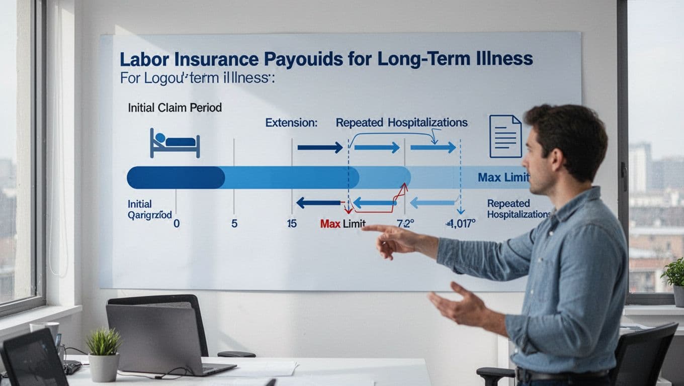 接案者住院不能工作,勞保傷病給付申請步驟全解析 Visual timeline illustration on a wall chart showing labor insurance payout periods for long-term illness, including initial claim period, extension arrows for repeated hospitalizations, and max limit, in a clean office setting with one freelancer pointing at the chart.