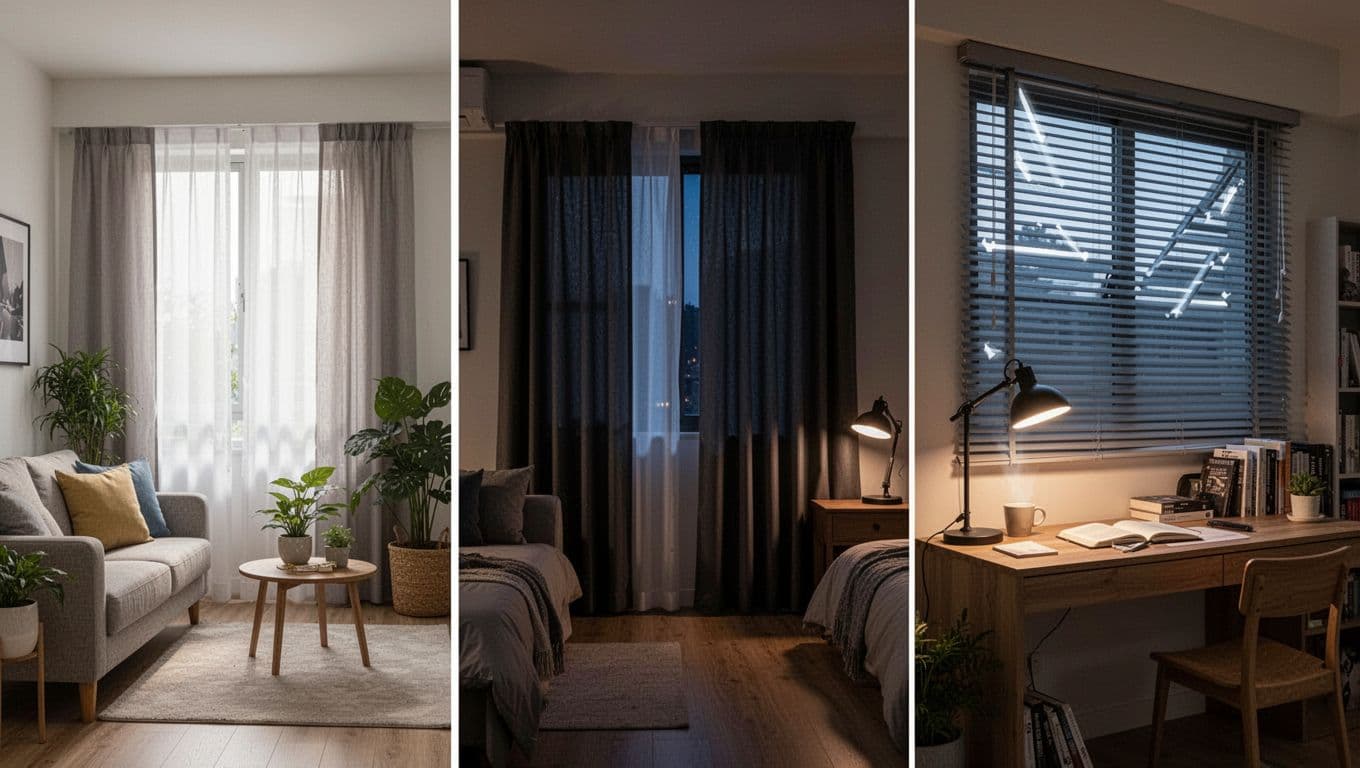 Realistic high-resolution photo of layered curtain configurations in a living room, bedroom, and study within a modern Taiwanese apartment, demonstrating sheer voile with blackout layers, double blackout setup, and adjustable blinds under varying soft lighting for day and night use.