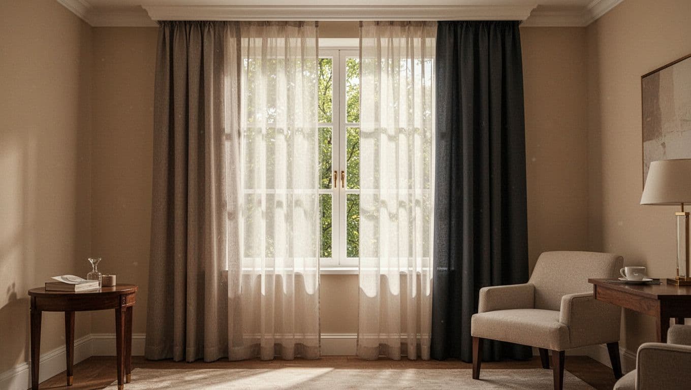 Photorealistic image of double-layered curtains in a hotel-style showroom, with sheer outer layer diffusing daytime light and inner blackout fabric for nighttime privacy. Warm daylight filters through a window with outside greenery, focusing on light play in an elegant room corner with simple furniture.