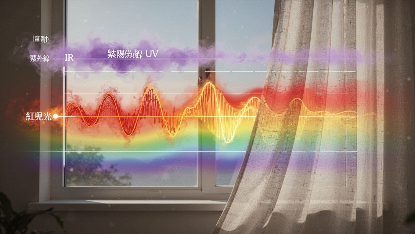 訂製窗簾抗UV值得選嗎?價格差異與實際效果解析 Abstract diagram illustrating the solar spectrum layers from top to bottom: thin purple UV mist, broad rainbow visible light stripes, and orange-red IR heat waves, viewed through a home window with a soft curtain partially blocking the natural light in a photorealistic infographic style with high detail and bright tones.