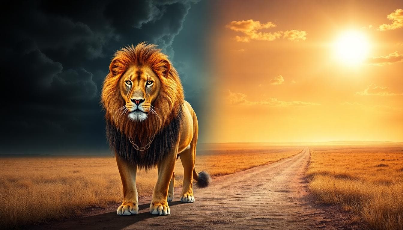 A majestic lion representing Leo zodiac, standing at a crossroads in a savanna, facing a tempting path back to a stormy past relationship but choosing a bright sunny path forward symbolizing avoiding reconciliation traps. Foreground: the lion looking determined with glowing mane. Background: one side dark clouds and chains, the other side golden sunlight and open fields. Style: realistic digital art with dramatic lighting. Mood: empowering and resolute. High detail, no text.