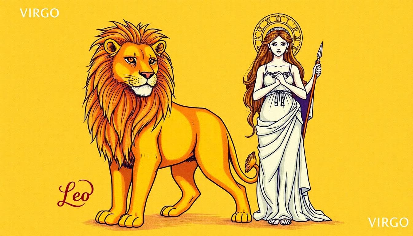 Image generated by AI: 獅子座與處女座並肩而立的象徵性畫面,金色暖光代表獅子座,自信與領導,地球色調代表處女座的務實與細節感。
