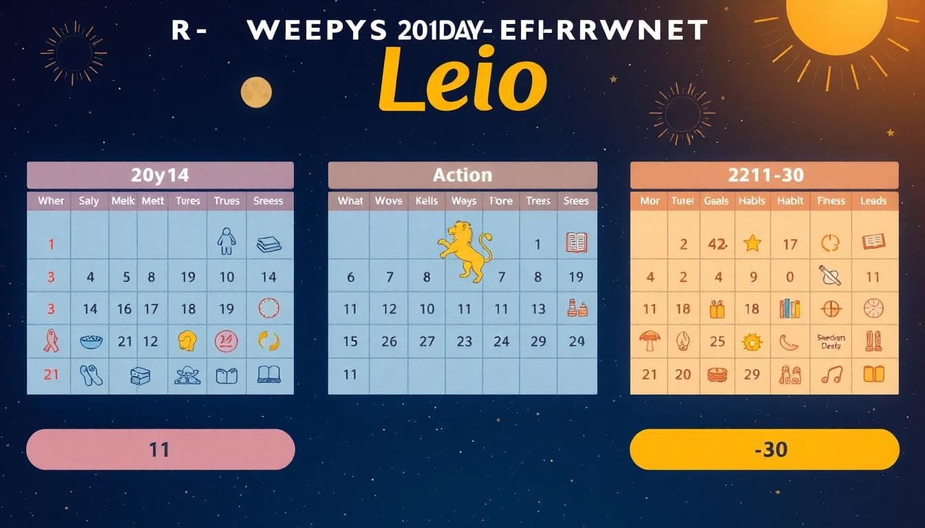 A visually appealing 30-day calendar planner illustration for Leo zodiac sign recovery after breakup, divided into three phases: healing (days 1-10) in soft blue tones focusing on inner reflection with icons like meditation and walking; action (days 11-20) in warm orange tones showing social events and skill learning with icons like groups and books; consolidation (days 21-30) in golden yellow tones depicting habit building with icons like goals and fitness. Foreground: central calendar grid with motivational Leo lion symbol. Background: starry night sky with sun motifs. Style: clean modern infographic with vibrant colors and simple icons. Mood: empowering and structured. High detail, no text in image.