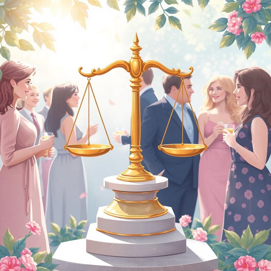 A detailed illustration of the Libra zodiac symbol, golden scales perfectly balanced on a pedestal, surrounded by elegant people in a harmonious social setting like a garden party, soft pastel blues and pinks, warm sunlight filtering through leaves, evoking charm, diplomacy, and peaceful interactions.