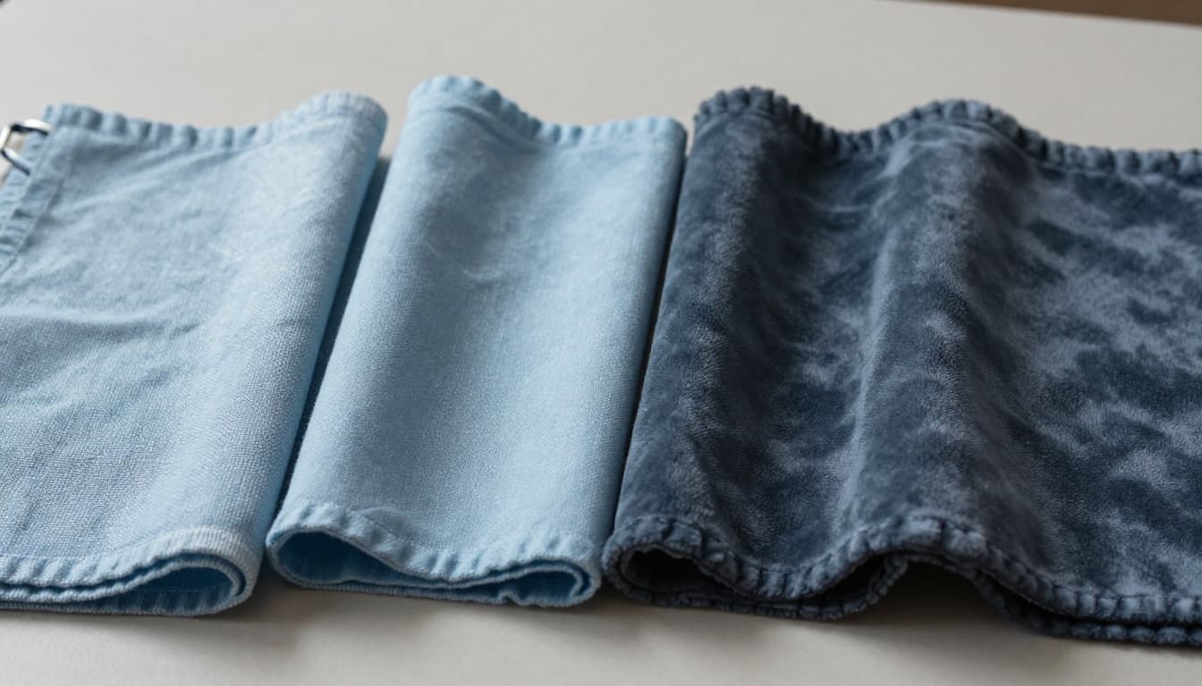 Four different material samples of the same light blue curtain fabric arranged side by side: cotton-linen sheer lightweight and bright, smooth uniform polyester, thick soft velvet, deep opaque blackout coating. Side lighting highlights texture differences with clear foreground close-ups on a light desktop background.