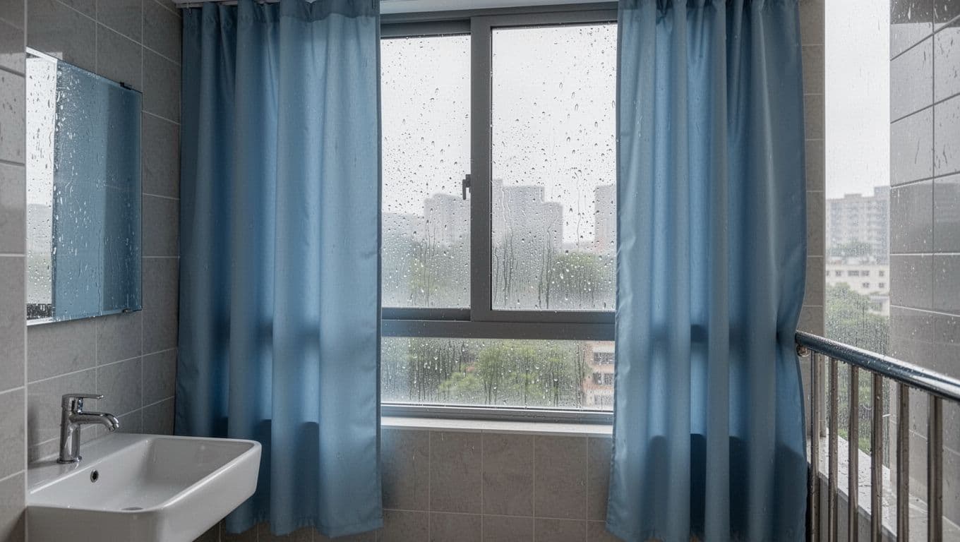 大面窗訂製窗簾怎麼估價?先抓寬高面積數字 Photorealistic image of a modern bathroom or balcony with a large window covered by light blue waterproof anti-mold curtains, featuring water droplets on glass and high-detail smooth fabric texture.