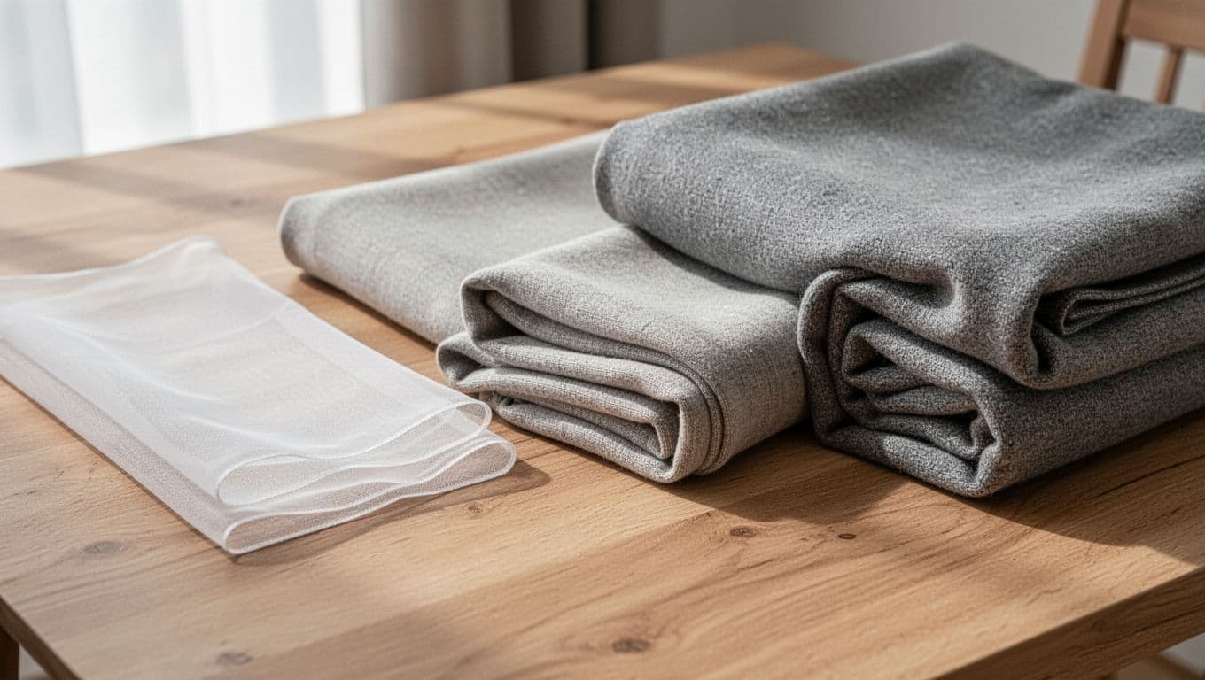 A detailed close-up of three curtain fabric samples on a light wooden table under soft natural daylight: thin light-weight on left, medium-weight in middle, and thick heavy-weight on right, highlighting textures and folds.