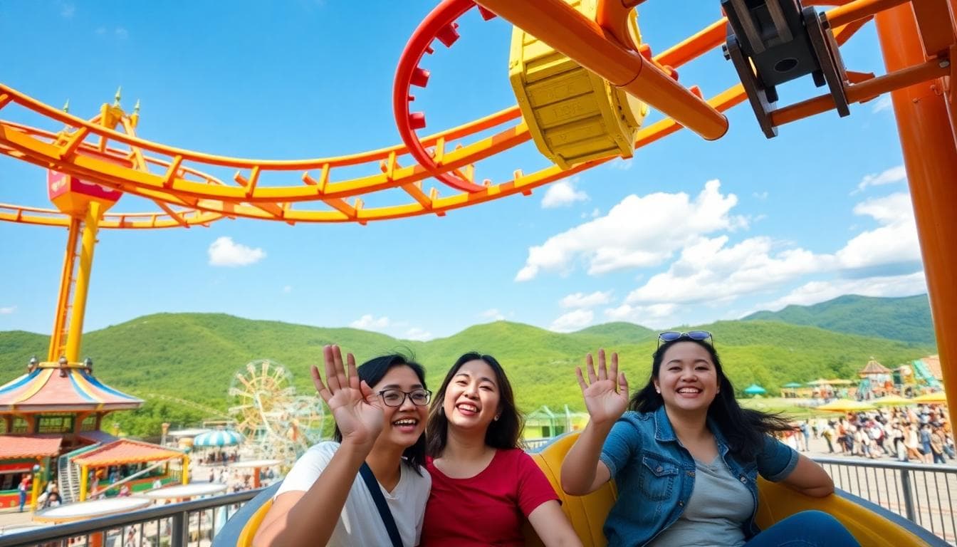 A vibrant daytime scene at Lihpao Land amusement park in Taichung, Taiwan, showing excited students riding a thrilling roller coaster with loops and drops, surrounded by colorful park attractions, green hills in the background, and clear blue skies. In the foreground, young people in casual clothes laugh and wave, capturing the sense of adventure and fun. The atmosphere is energetic and joyful, with rides and crowds visible in the distance. Realistic style, high detail, bright colors, no text or watermarks.