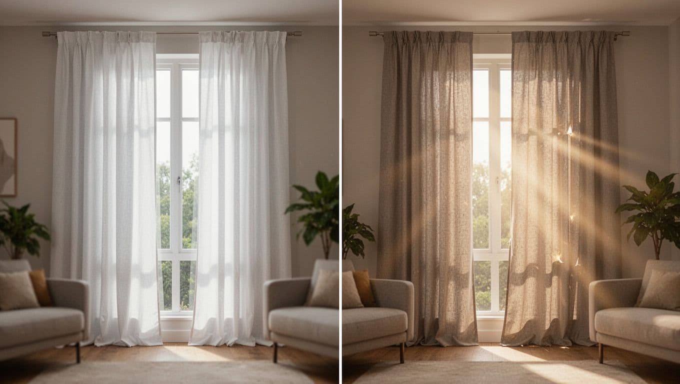 Side-by-side view in a modern living room showing a white-lined curtain with tight pleats perfectly blocking light on the left, versus an unlined curtain with loose pleats and edge gaps allowing light rays on the right.