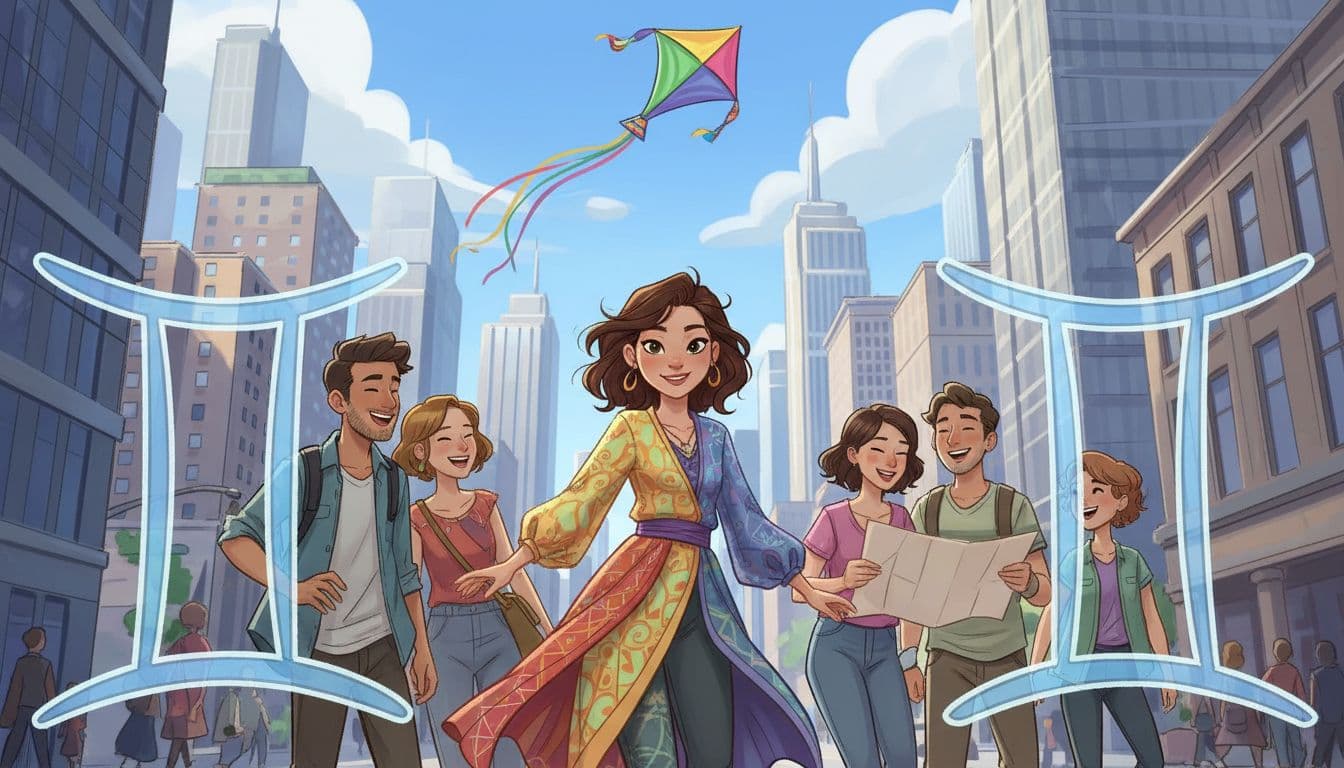 一位活潑的雙子座人物,站在繁忙的城市街道上,周圍有朋友聊天和冒險元素如地圖和風箏,象徵風象星座的社交高手和多變風格,前景是雙子座雙胞胎圖騰,背景是藍天和都市景觀,風格為寫實插畫,充滿動感和輕快氛圍。