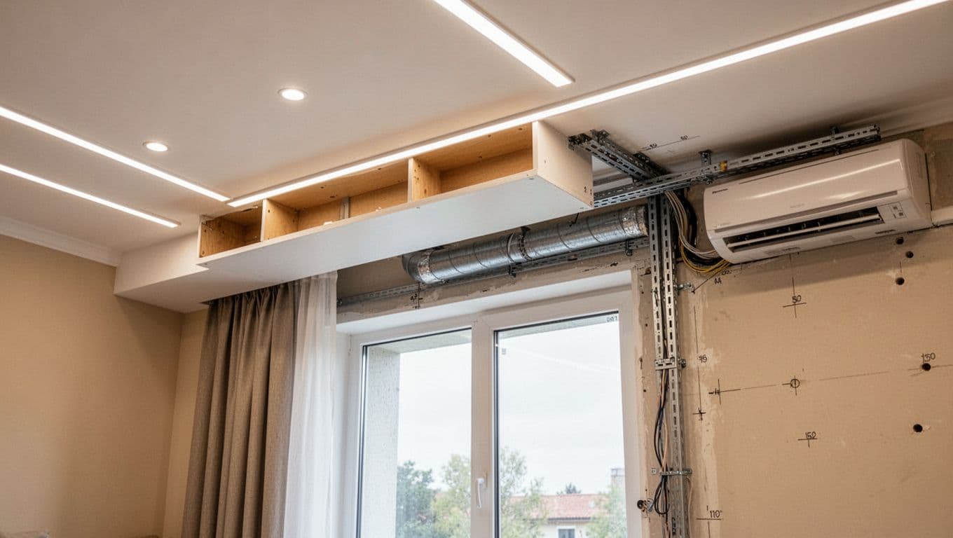 訂製窗簾加價項目表:常見4大類一次清單掌握 Photorealistic close-up of living room ceiling and window area showing architectural complications including shallow curtain box, recessed lighting strips, overhead beam, air conditioning duct, and cable tray.