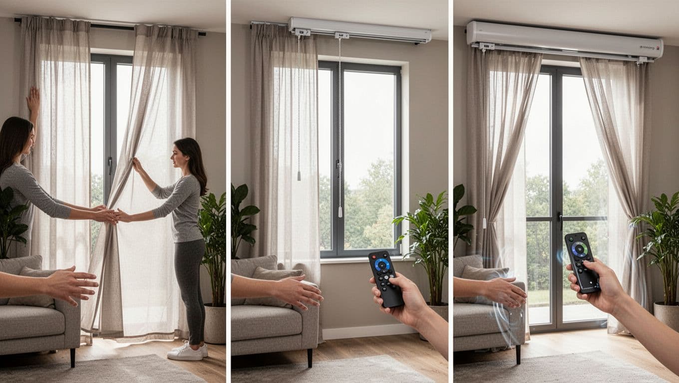 A modern living room displays three side-by-side curtain control systems: hand-pull on the left with a person gently pulling, cord-pull in the middle with a chain, and motorized on the right opening via remote. Neutral interior with sofa, plants, soft daylight, realistic high-detail photo focusing on mechanisms.