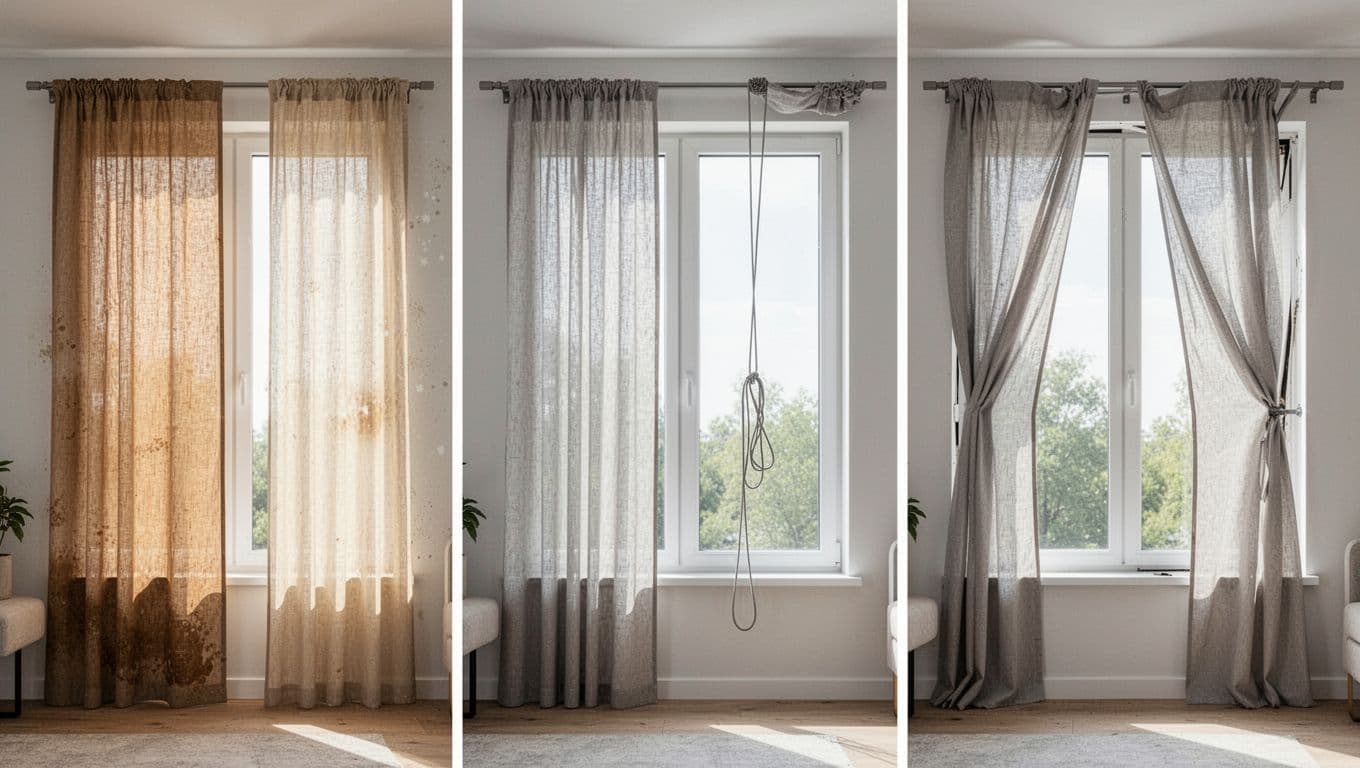 Photorealistic view of a modern living room window highlighting three common curtain issues: faded fabric from sun exposure, broken pull cord, and sagging track due to loose installation.