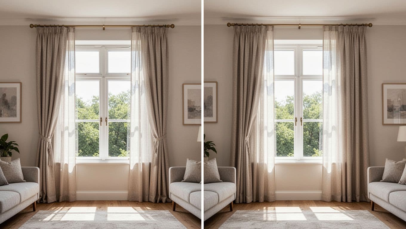 Photorealistic side-by-side comparison in a bright living room: left window with low-mounted track, short curtains, narrow width appearing squat and cramped; right window with high track to ceiling, full width long drapes creating tall elegant proportion illusion. Natural sunlight, detailed folds, realistic perspective emphasizing height difference, no text or watermarks.