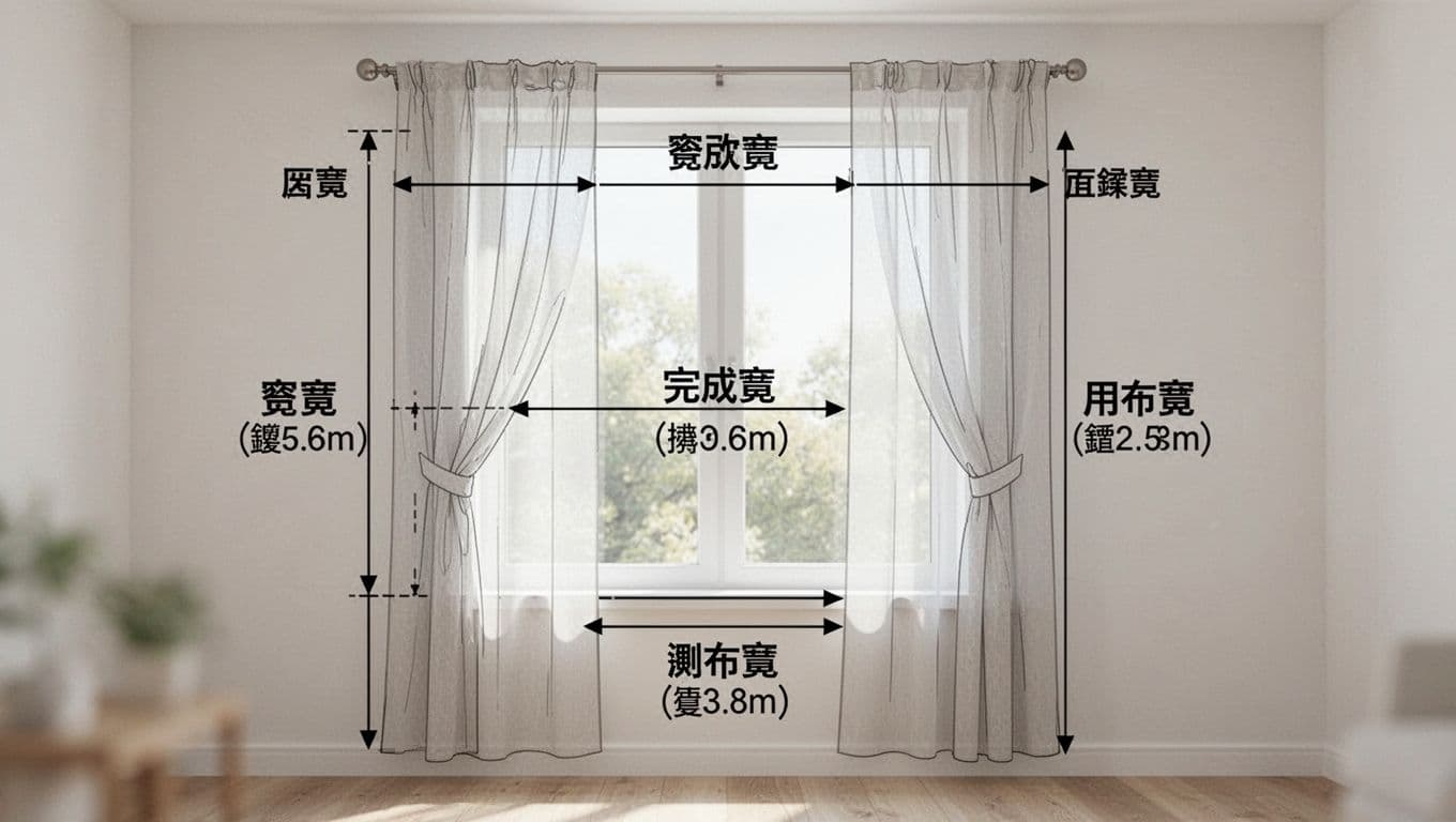 窗簾褶子越多越貴嗎?褶比如何影響視覺與用布 Illustrative diagram next to a living room window showing three key curtain widths: window width (frame to frame), finished width (after hanging coverage), and fabric width (pre-cut). Simple line style with arrows, minimalist background, soft light, highly educational and clear.