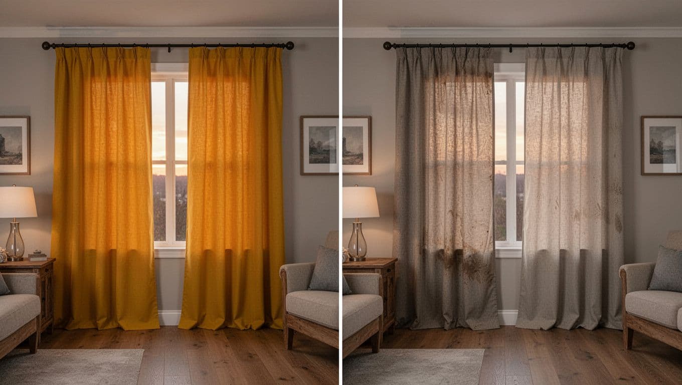 Photorealistic split-image comparison of new pristine custom curtains (left) versus slightly faded and wrinkled after months of use (right) in the same living room setting with soft evening light.