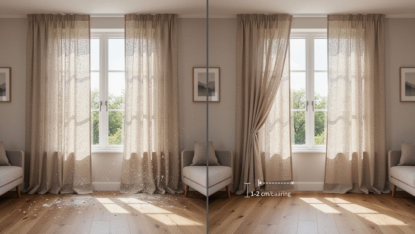Photorealistic comparison of floor-length beige linen curtains (left, slightly dusty) versus curtains ending 1-2 cm above the floor (right) on two windows in a bright modern living room, showing variations in fabric overlap and light filtering.