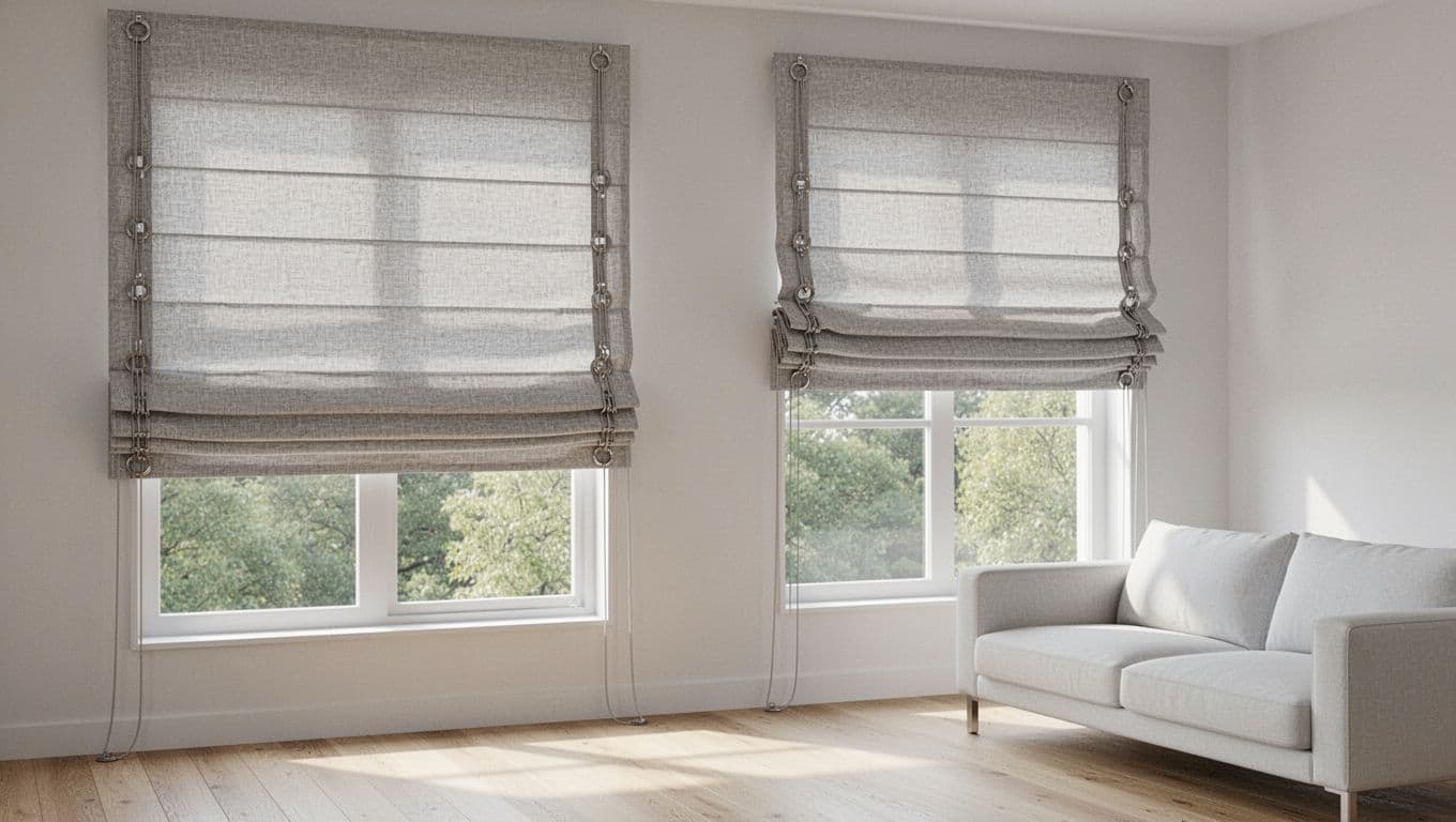 A bright living room features large windows with elegant light gray linen Roman shade curtains showing horizontal pleats, metal ring buckles, and pull cords, with sunlight casting soft shadows on wooden floors and a white sofa.