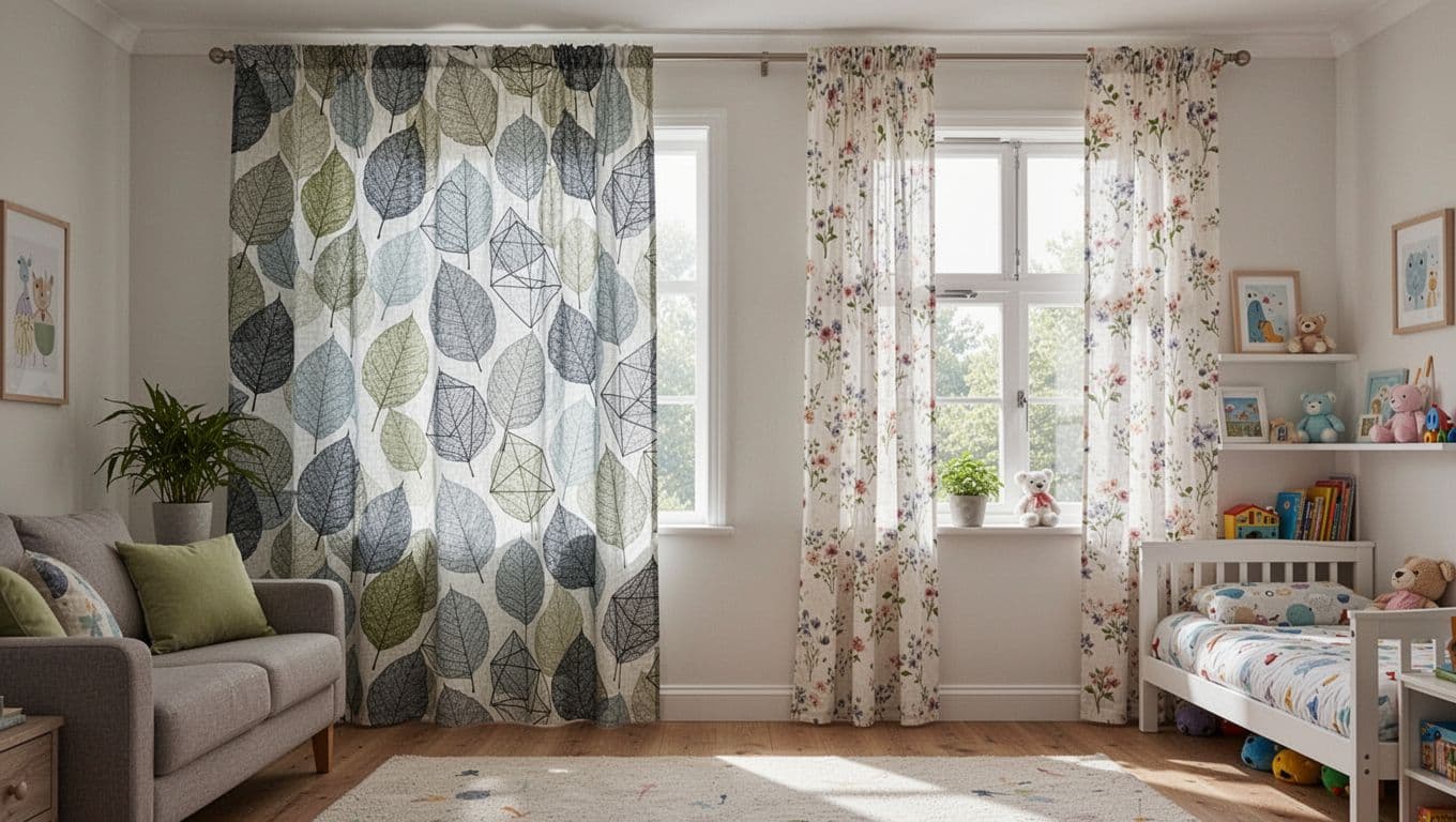 A spacious living room window draped with bold large leaf or geometric patterned curtains creates a steady, harmonious look, contrasted by a nearby small children's room window with delicate small flower patterns to prevent overcrowding. Realistic photography highlights the curtains' hanging effect, furniture proportions, bright natural light, and warm home atmosphere, focusing solely on the two contrasting windows.