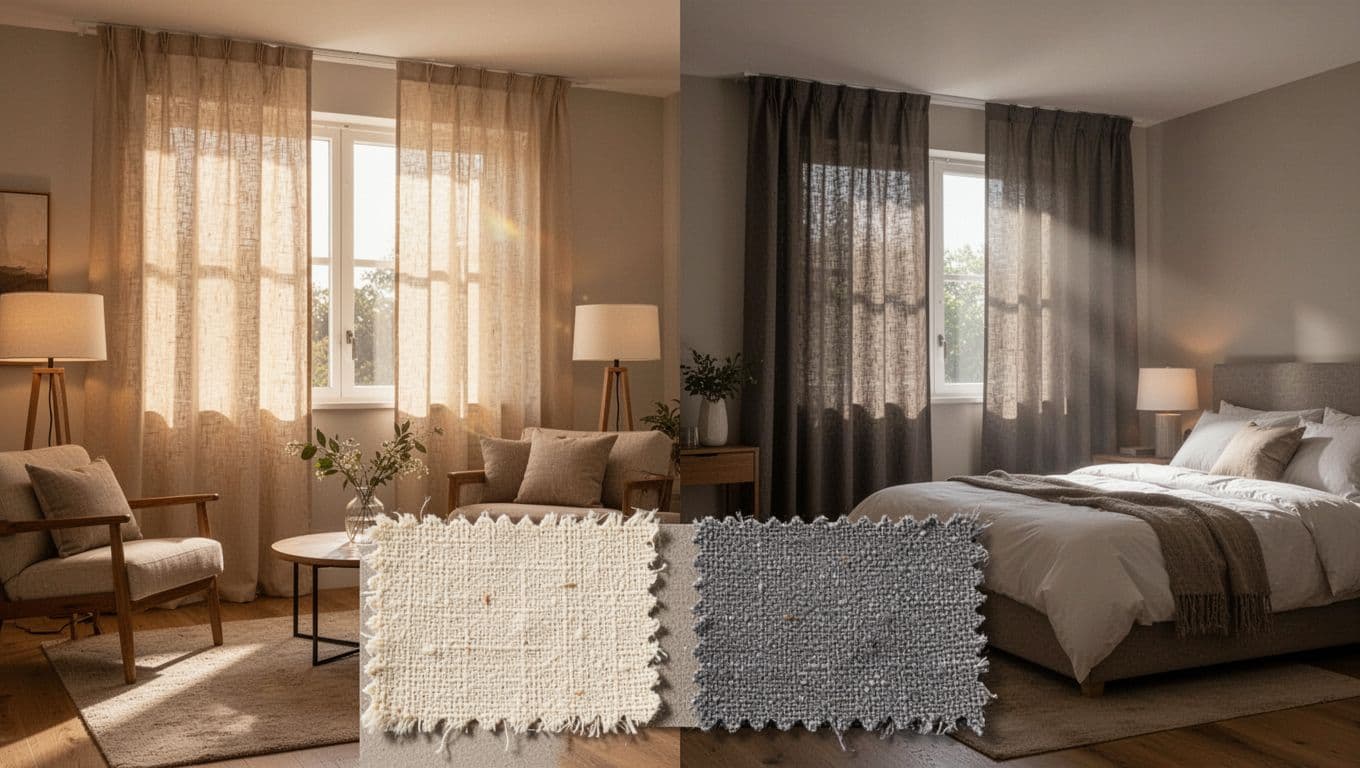 Modern living room with breathable cotton-linen curtains allowing soft sunlight, adjacent bedroom with thick polyester blackout curtains blocking light, foreground fabric samples.