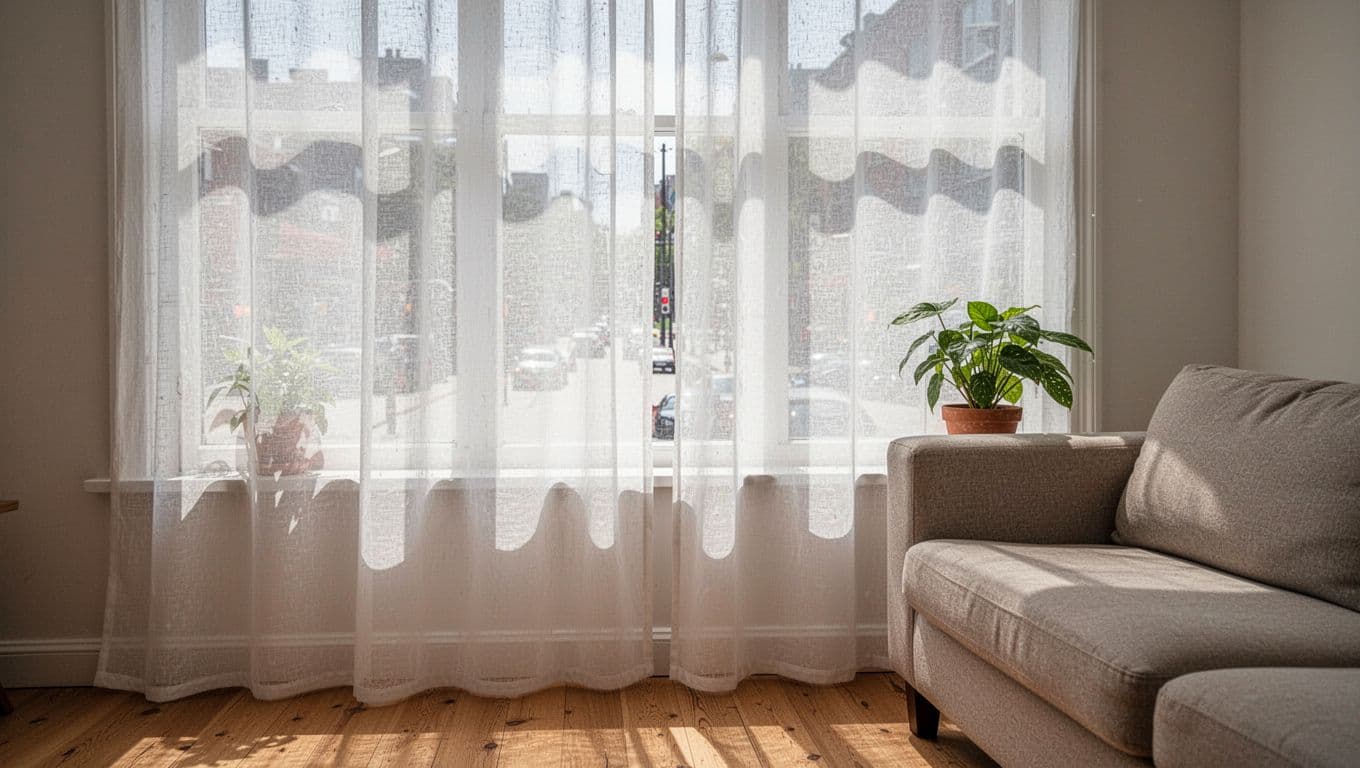 訂製窗簾想控制預算,先決定這 3 件事 Bright daytime interior view of living room window with drawn sheer gauze curtain filtering soft sunlight, blurring outside urban street for privacy while protecting interior details. Relaxed neutral sofa, potted plant on sill, wooden floor in realistic photography with detailed translucent fabric texture and diffused light.