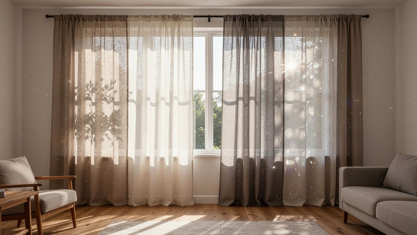 Photorealistic modern living room window with backlight showcasing thin translucent, thick opaque, and reflective curtain fabrics in neutral colors, draped on a track with detailed textures and light effects.