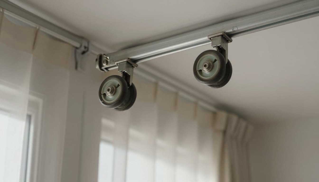 Close-up view of wobbly and partially detached curtain track wheels on a ceiling rail in a home interior, with one wheel showing a visible crack and metal wear, emphasizing danger and instability. Soft-focused background of curtain and room wall under daylight.