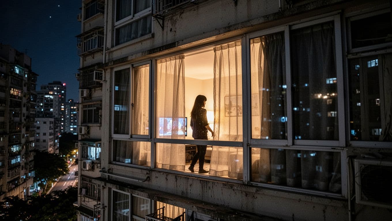 Photorealistic low-angle night photo from a nearby building showing lit low-floor apartment windows with thin curtains, revealing a single silhouette moving in the living room amid urban nightscape with strong light-dark contrasts.