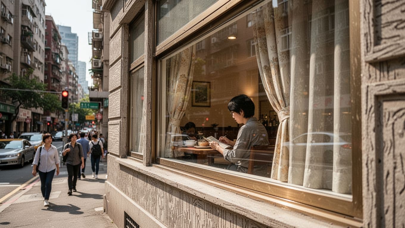Photorealistic daytime photo from street level showing a low-floor apartment window with half-open curtains, revealing a person sitting by the window eating or reading amid warm indoor light. Urban street background features passersby and vehicles, with detailed curtain textures and window reflections.