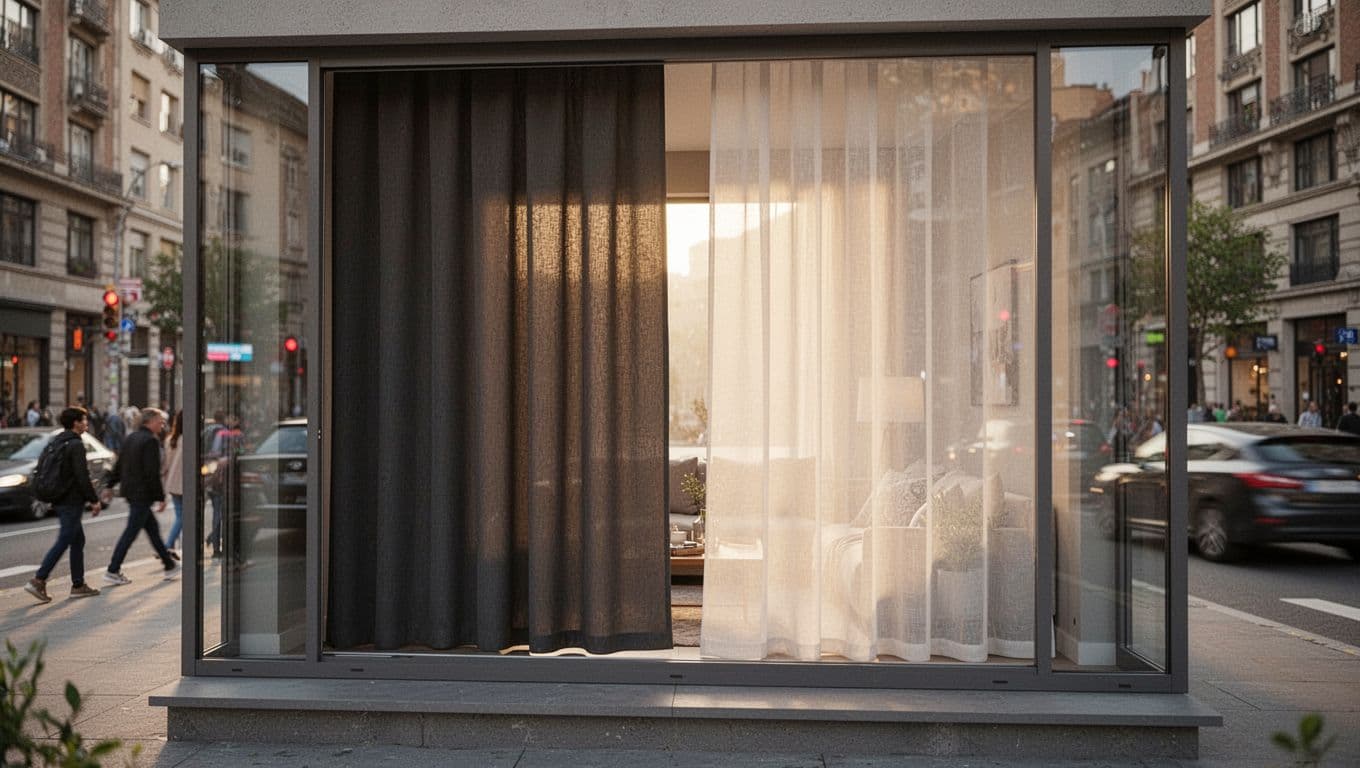 Photorealistic daytime landscape of a low-floor apartment window from street level, featuring fully closed thick blackout inner curtains and semi-transparent outer voile layer diffusing soft sunlight, blocking any interior view amid busy pedestrians and cars.