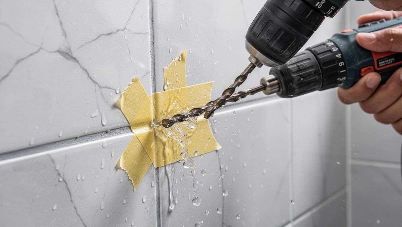 Close-up of a drill bit starting low-speed drilling on a smooth ceramic tile wall, using water cooling to prevent chipping and cracks. Realistic style with bright lighting, simple background, and anti-slip positioning tape emphasized for precision.