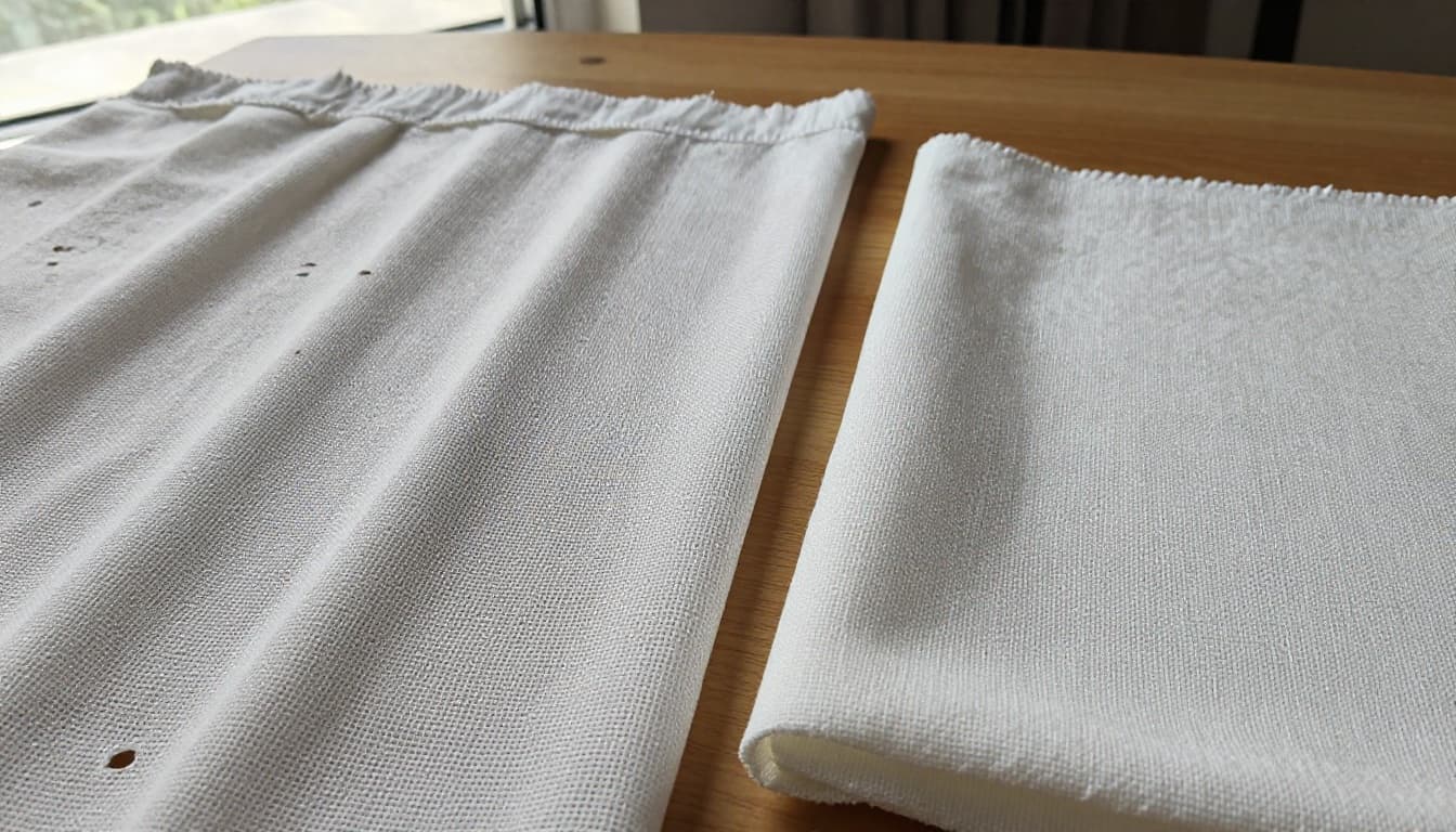 Close-up view of two different curtain fabrics laid flat on a wooden table under soft natural daylight. Left: low-density thin mosquito net-like fabric with visible gaps; right: high-density thick fabric with tight weave, no holes.