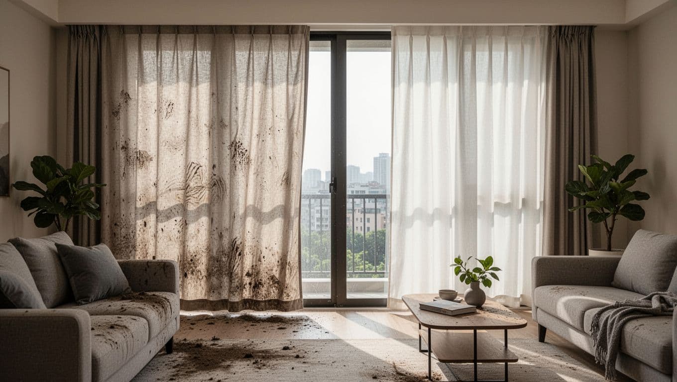 訂製窗簾報價很便宜,可能少了哪些項目 In a modern Taiwanese living room, wrinkled dusty low-quality curtains hang beside smooth clean high-quality ones on floor-to-ceiling windows, emphasizing durability and cleaning differences under natural daylight.