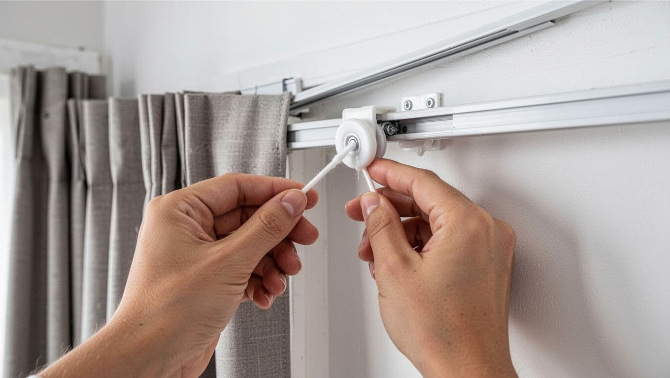 Close-up in a modern home of exactly one person's hand using a cotton swab to apply a small amount of lubricant precisely to the contact points between a curtain slider wheel and the track slot, with another hand gently sliding the slider back and forth to spread it evenly.