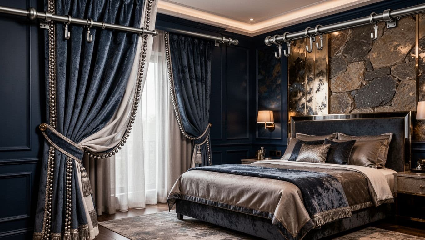 Hyper-realistic depiction of an opulent boutique hotel suite featuring premium curtains with structured pleats, weighted hems, elegant bindings, and high-end visible tracks and hooks in matte metal, set against deep stone-textured walls and a sophisticated bed with plush bedding.
