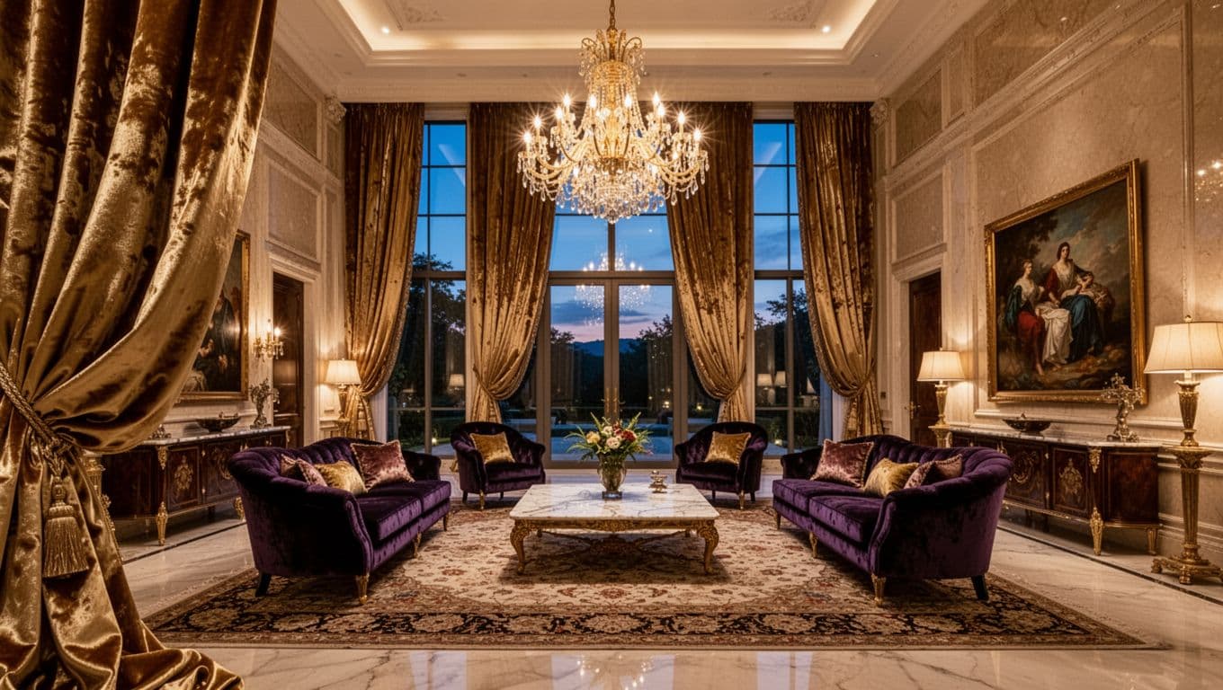 A grand luxurious mansion living room at dusk features elegant imported silk velvet curtains cascading from high ceilings across floor-to-ceiling windows, illuminated by warm golden chandelier light. Plush velvet armchairs, marble coffee table, ornate rug, and large wall artwork evoke an opulent yet inviting sophistication.