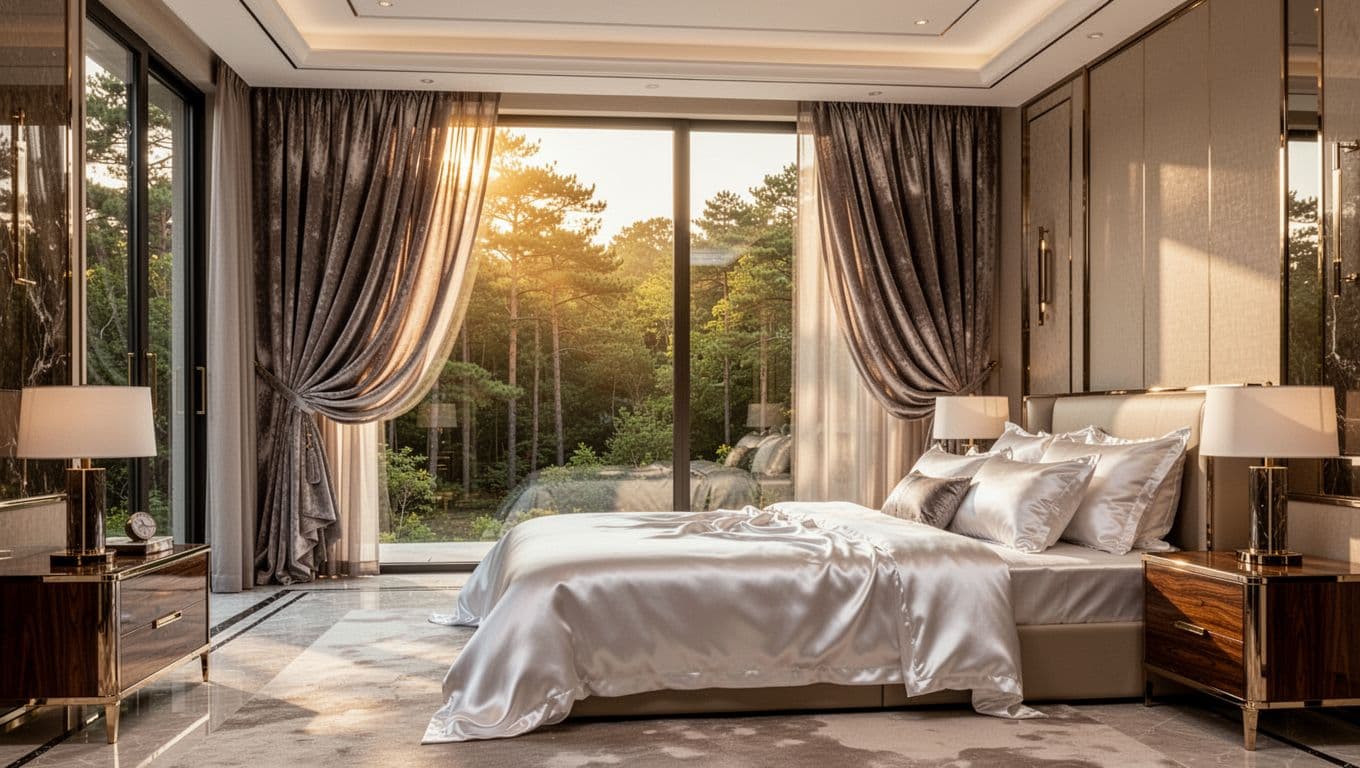 窗簾訂製預算表:入門到高規3種方案全指南 An opulent master bedroom interior featuring state-of-the-art automated curtains made from premium cashmere wool and silk blends, halfway open to filter golden morning sunlight, with a grand king-sized bed, polished nightstands, and floor-to-ceiling windows overlooking a lush forest.