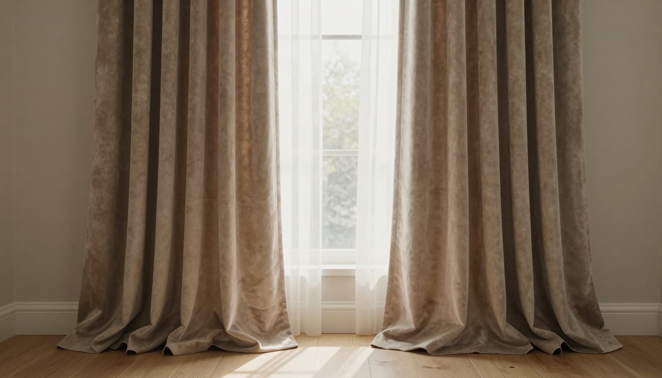 訂製窗簾高級感滿分:預算分配黃金比例 A photorealistic image of custom high-end curtains made from thick plush velvet in warm earth tones like beige and taupe, featuring elegant box pleats draping to the floor, layered with sheer curtains, with soft sunlight filtering through in a modern minimalist living room.