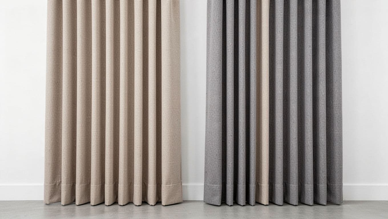 A photorealistic close-up in a professional showroom of two high-end custom curtain panels hanging perfectly straight from floor to ceiling, with vertical lines, uniform pleats, straight hems, and neutral beige-gray tones under soft lighting.