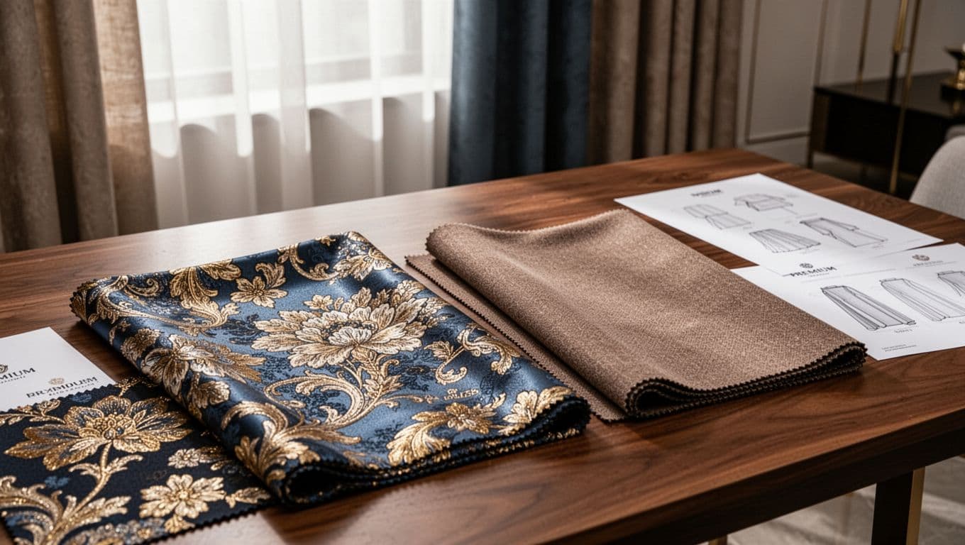 Close-up of two curtain fabric swatches on an elegant wooden table under soft natural light: luxurious imported floral pattern with metallic sheen in deep blue and gold beside practical Taiwanese solid earthy tone, in a modern home interior with subtle design elements.