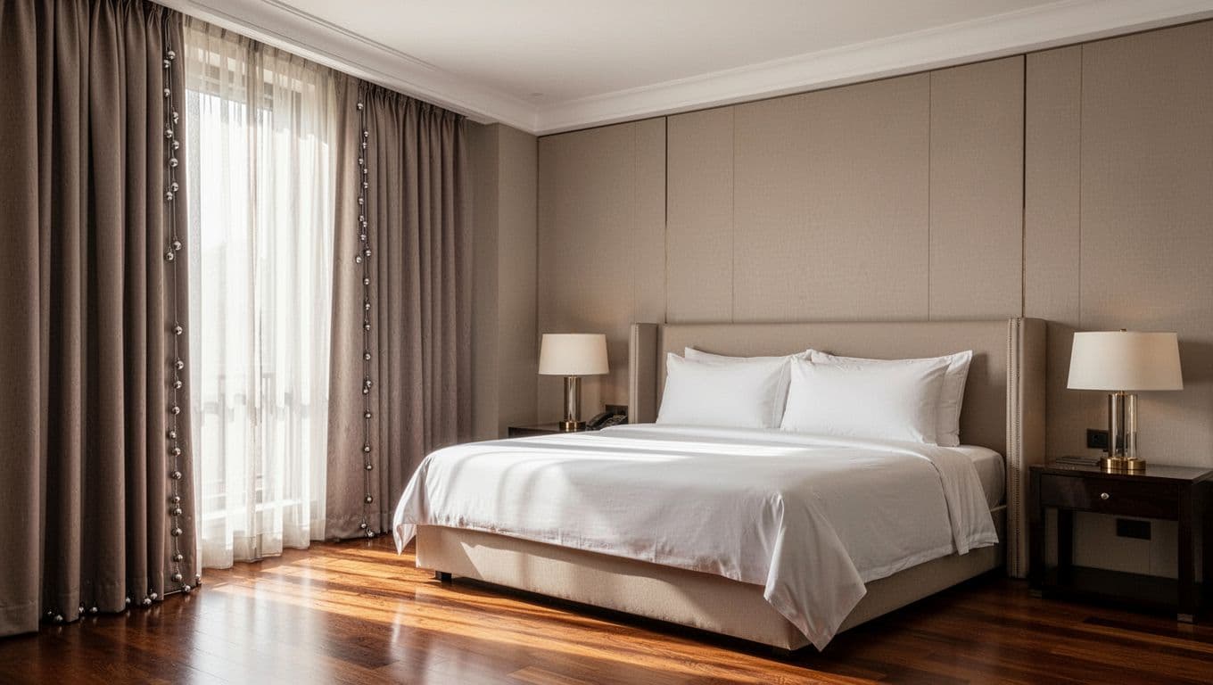 Hyper-realistic luxury hotel bedroom featuring custom thick soft taupe curtains with lead weights for perfect straight vertical drop, uniform pleats, and extra-wide coverage, morning sunlight filtering through onto a king bed with white linens and minimalist decor.